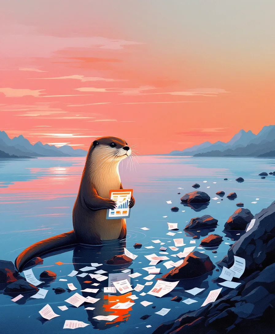 Illustration of an otter holding one calm screen while messy spreadsheets drift away